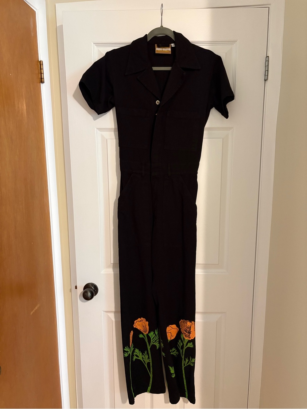 Big Bud Press Black Short-Sleeve Jumpsuit with Orange Poppies paint stamp XS